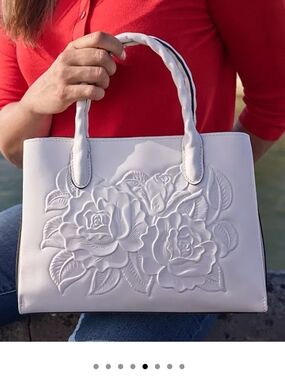Patricia Nash White Vintage Rose Tooled Embossed Leather Satchel / Crossbody
